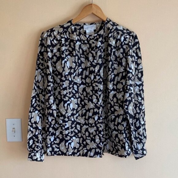 Vintage Jessica Puff Sleeve Animal Print Button Front Silky Blouse Size Large - Picture 2 of 13